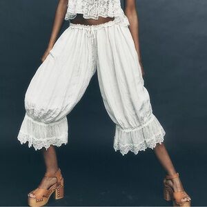 Free People White Lace-Trim Wide Leg Crop Pants